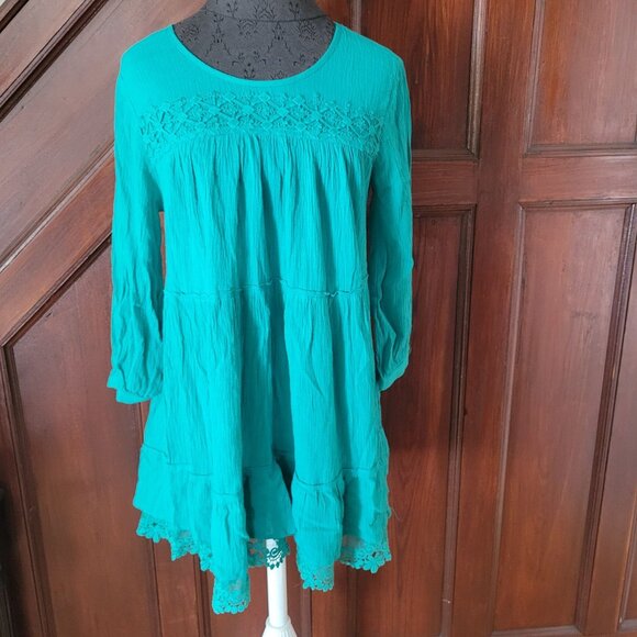 Womens Teal Long-Sleeve Tiered Tunic Dress Crochet Lace Hem  Smocked Bodice Boho - Picture 1 of 8